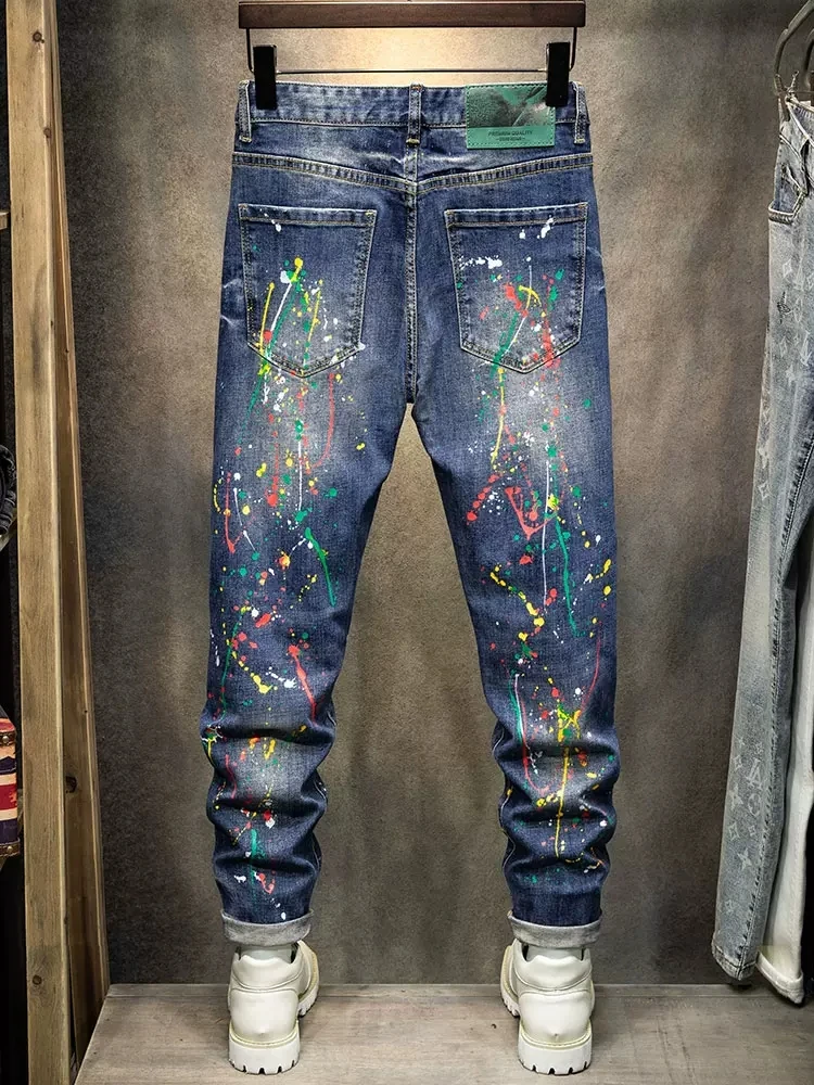 Street Fashion Men Jeans Retro Blue Stretch Slim Ripped Jeans Men Vintage Trousers Painted Designer Hip Hop Denim Pants Hombre