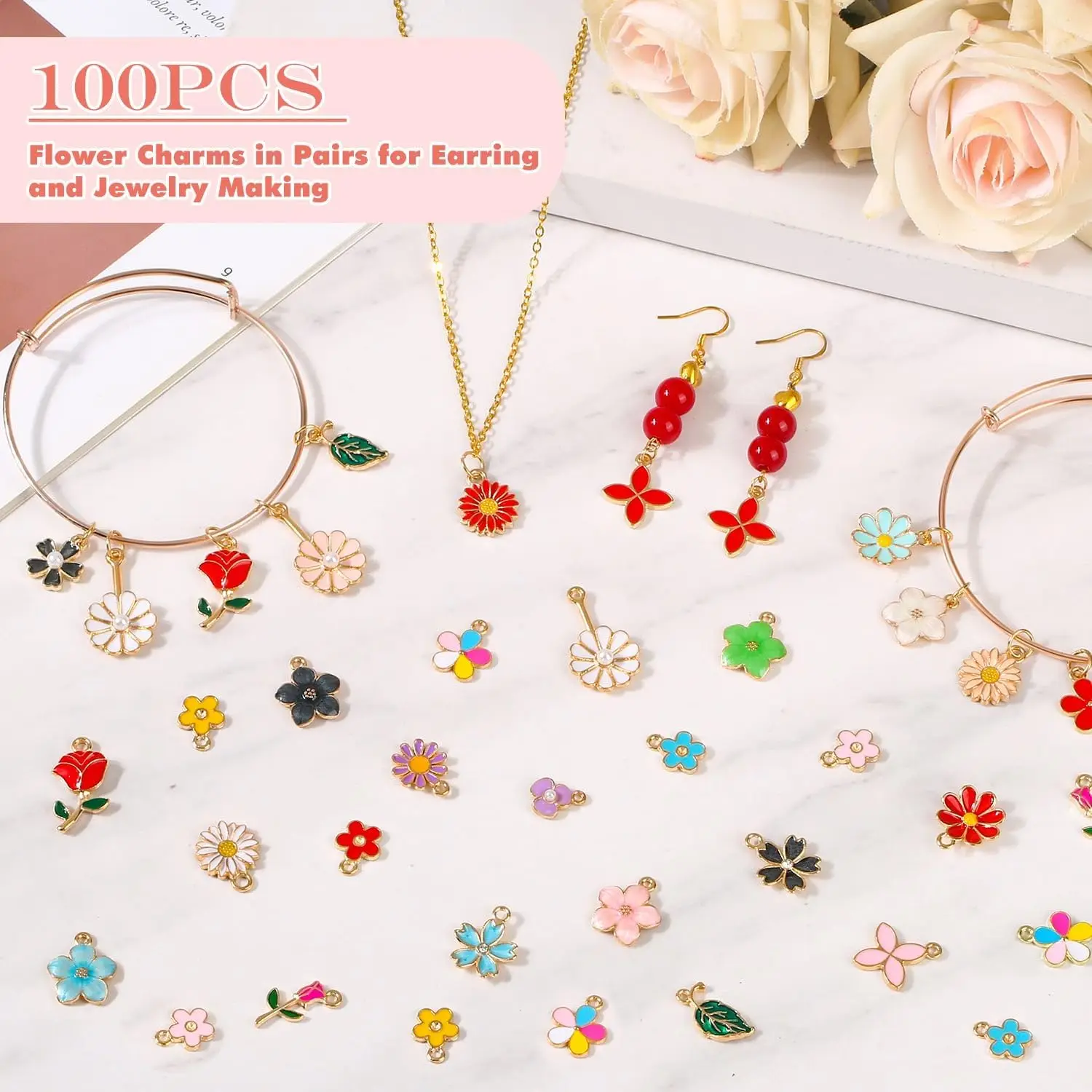 100Pcs 50 Pairs Flower Charms for Jewelry Making, Wholesale Assorted Enamel Mixed Bulk Metal Earring Charms for DIY Necklace Bra