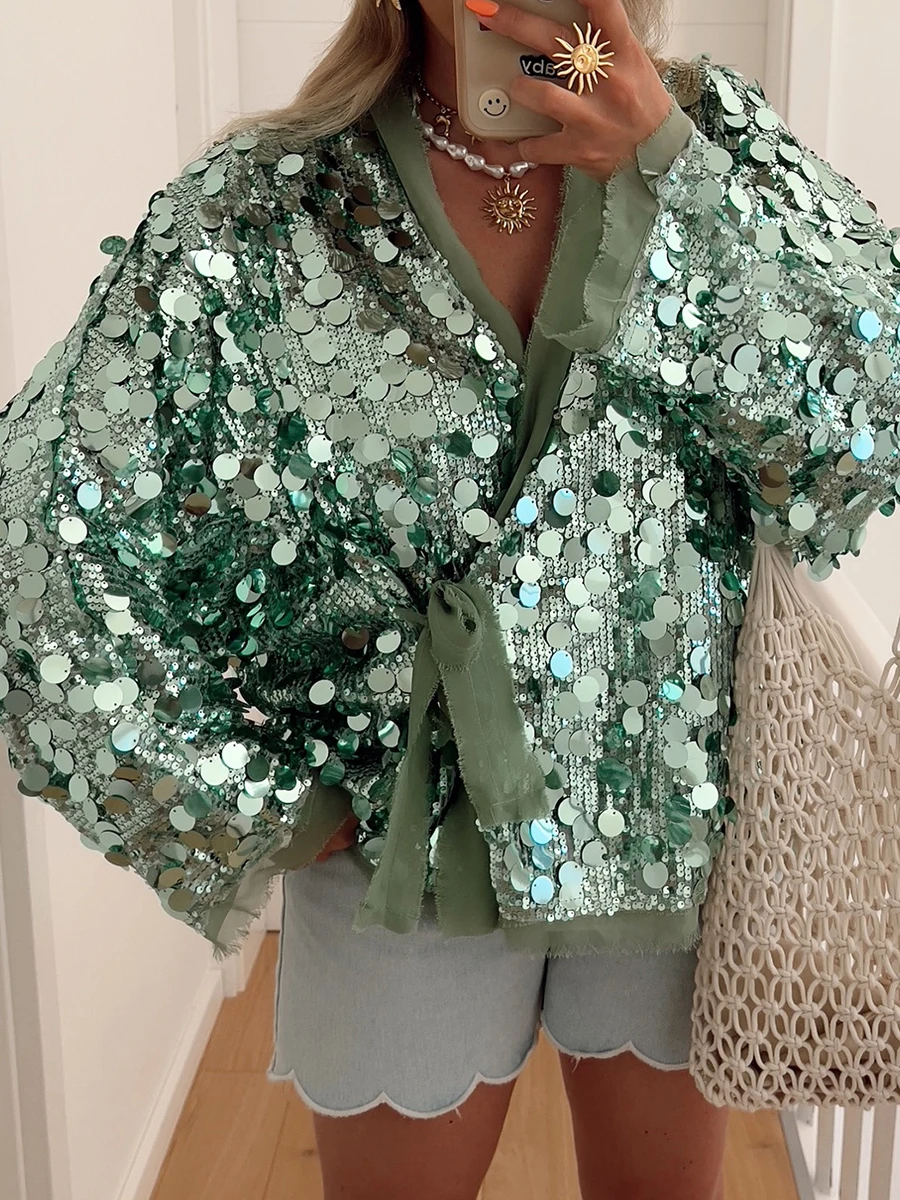 

Lady Sexy V Neck Lace Up Club Party Coat Autumn Winter Sequined Long Sleeve Loose Jacket Fashion High Street Patchwork Outerwear