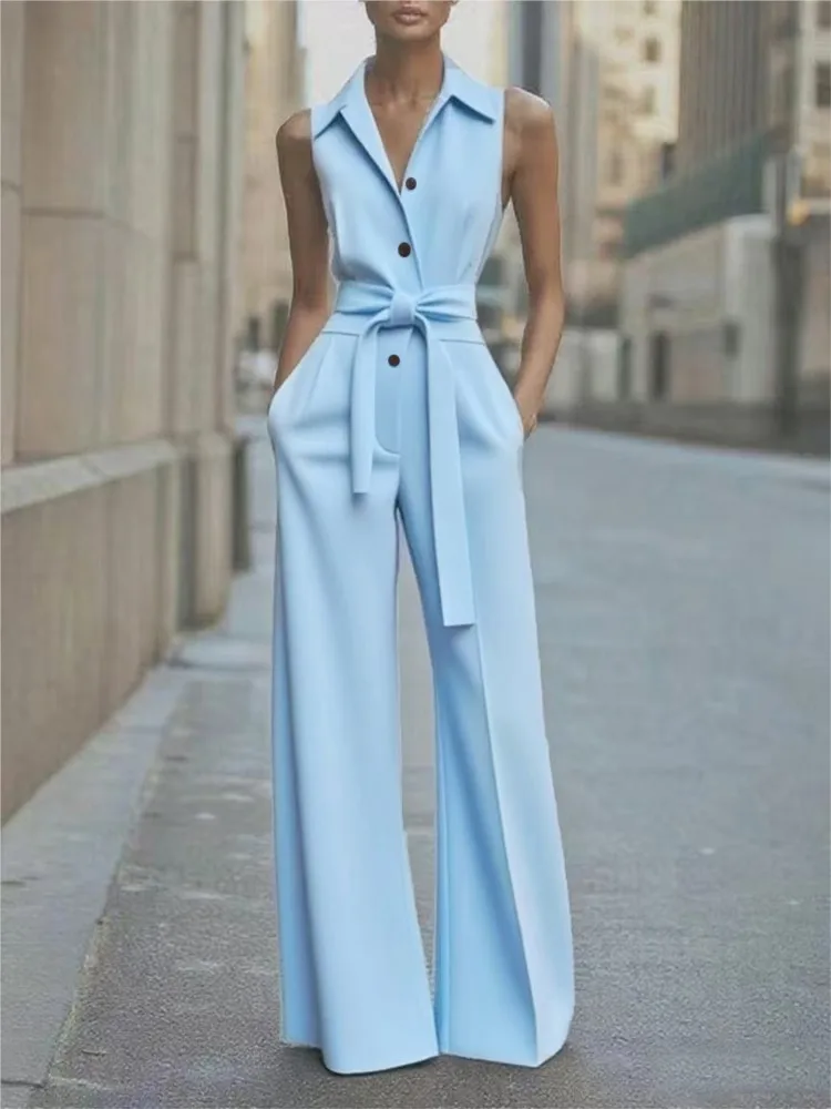 

New Temperament Tie-Up Solid Party Jumpsuits Elegant Sleeveless Pocket Straight Playsuit Fashion Lapel Button Waist Long Romper
