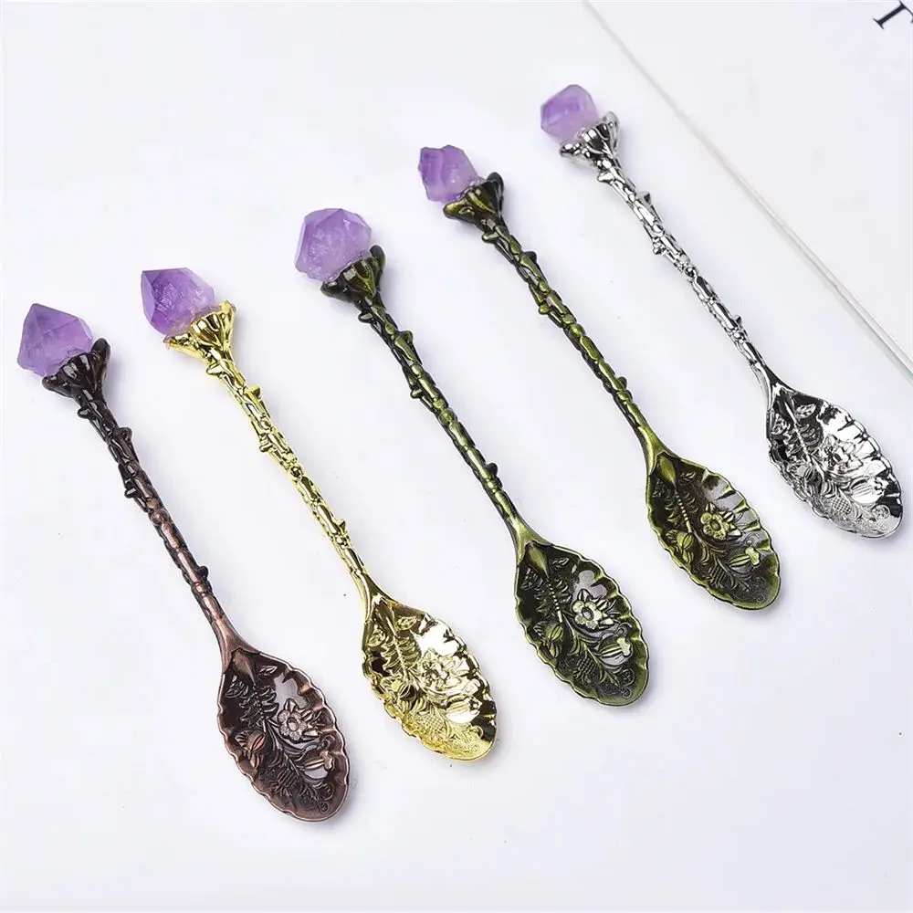 1Pair Natural Amethyst Tooth Flower Spoon Diy Long Handle Vintage Ice Cream Stirring Spoon Coffee Spoon Dessert Copper Spoon