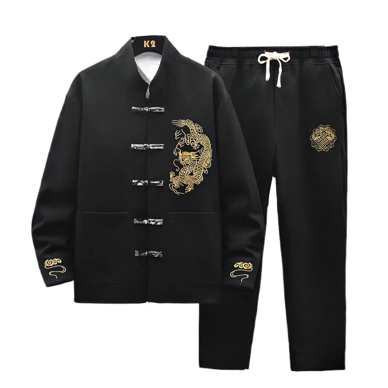 

Men Chinese Style Tang Suit Man Embroidery Classic Sets Men Tea Zen Jackets & Pants Layman Retro Ethnic Outfit China-Chic Set