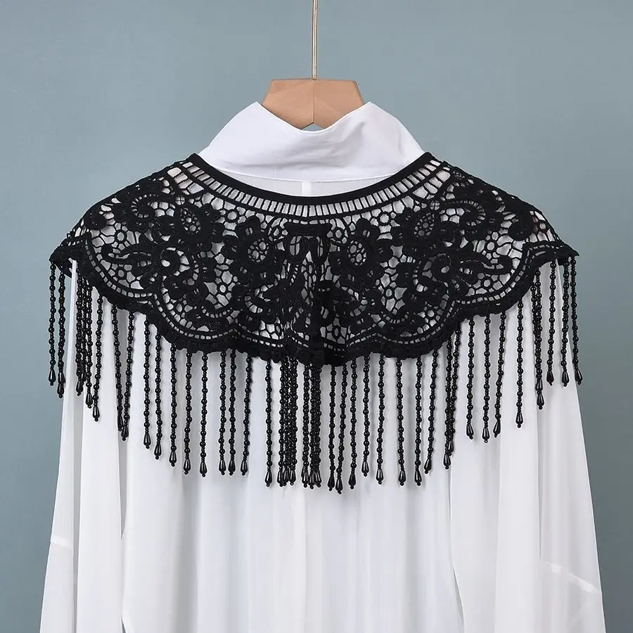 1 Piece Women's Lace Beaded Tassel Shawl, Hollow Floral Crochet Shoulder Cover, Evening Party Wedding Bridal Short Cape, Vintage Decorative Fake Collar Dress Accessory