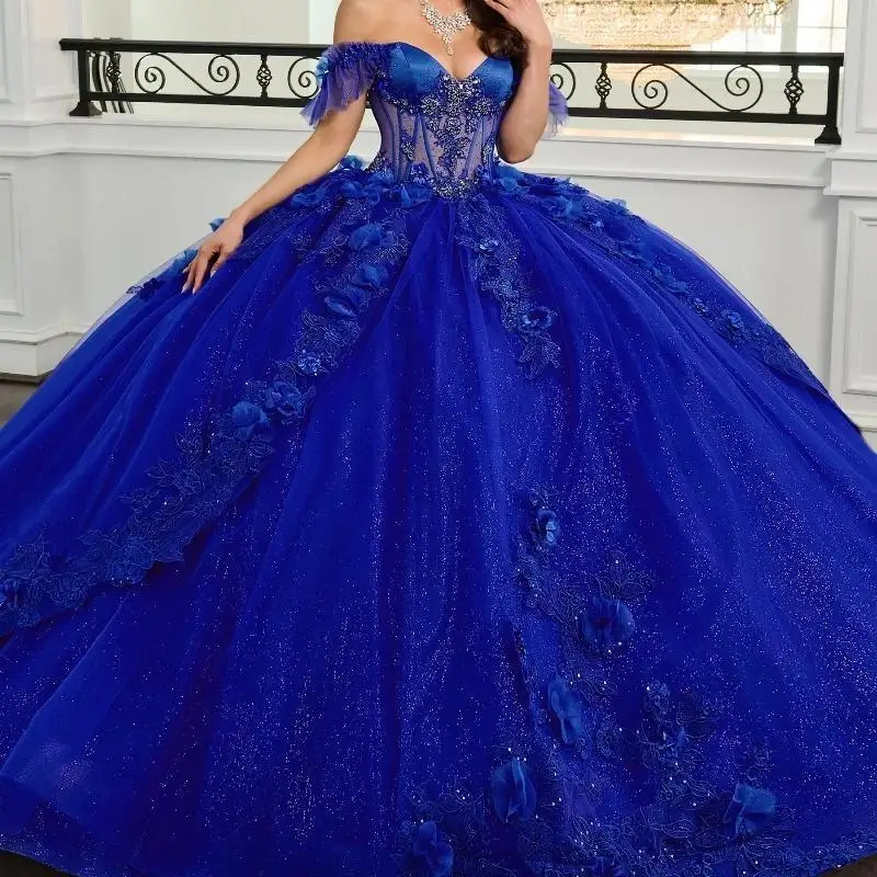 Royal Blue Shiny Quinceanera Dresses Off the Shoulder Applique Flower Tull Party Birthday Ball Gown Sweet 16 Vestidos customized