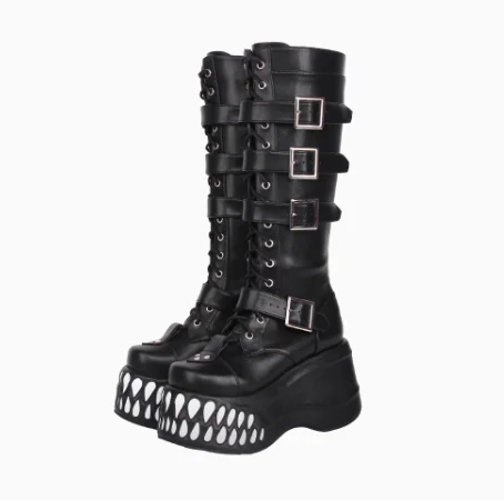Pu Leather Belt Buckle Round Toe Knee-High Platform Women Boots Wedges Super High Heels Side Zipper Design Large Size Shoes