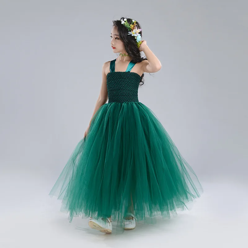 Girl Clothes Fairy Cosplay Outfits Dark Green Children Birthday Party Dresses