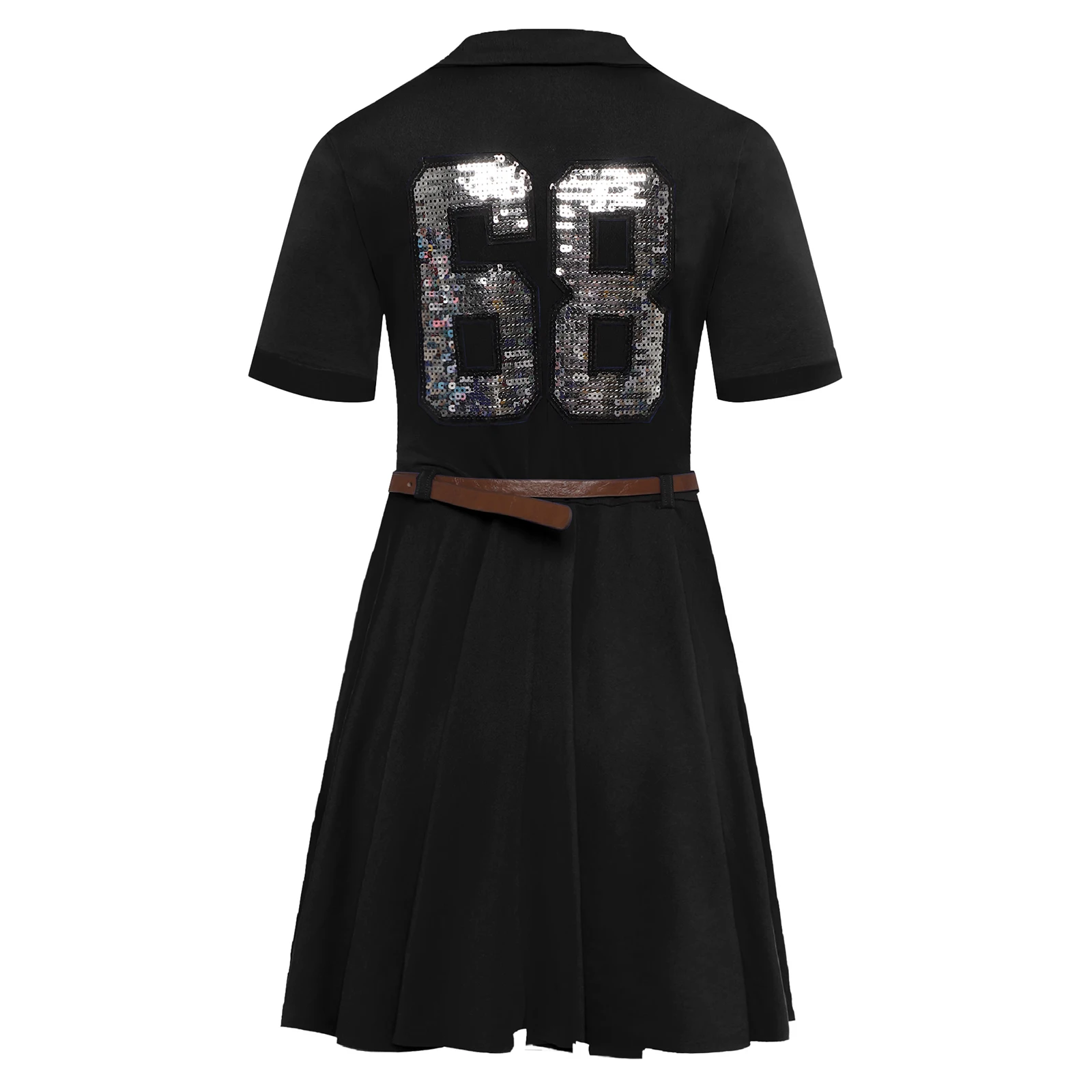 Kids Girls Tennis Sport Dress with Belt Baseball Cheerleader Dance Costume Short Sleeve Sequins Baseball Badminton Dress Uniform