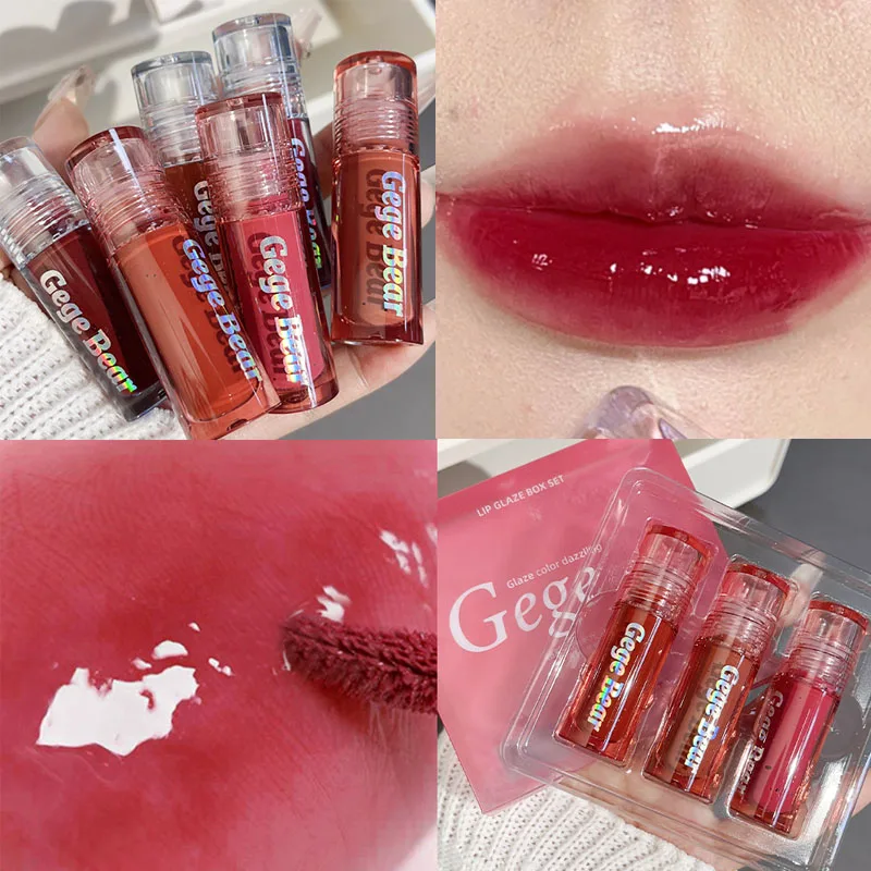 Non-stick Cup Jelly Mirror Lip Gloss Water Light Lasting Liquid Lipstick 3PCS/set Moisturizing Red Juice Lips Makeup Cosmetics