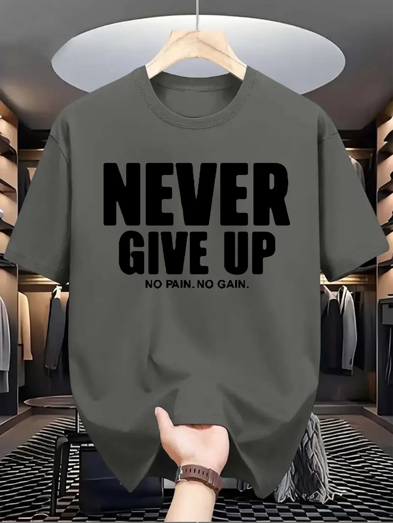 Men's 100% pure cotton fashionable casual loose sports never give up letter pattern printed round neck short sleeved T-shirt top