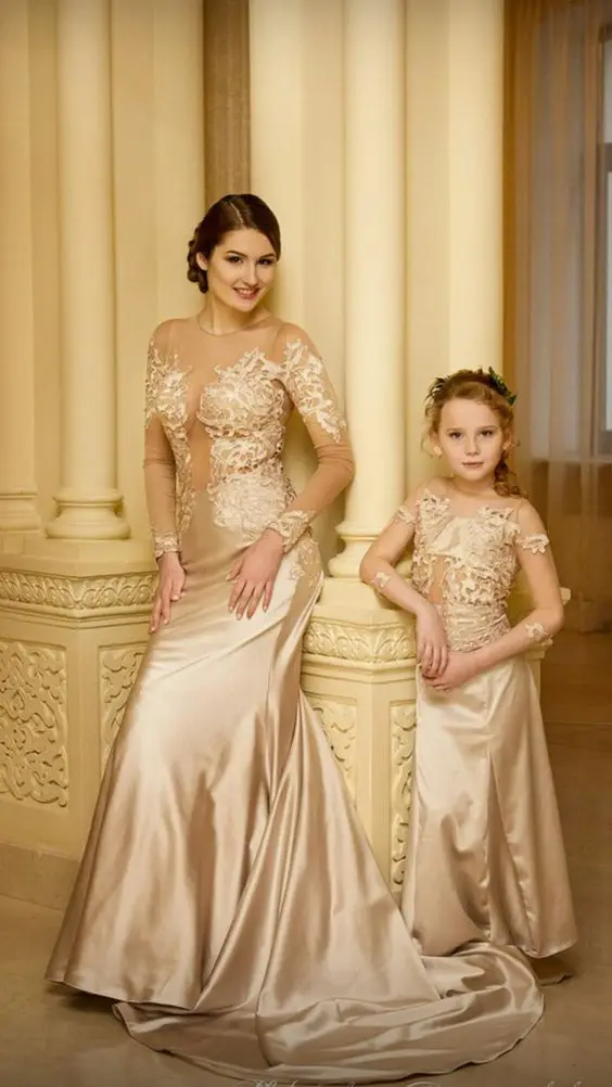 Mermaid Long Sleeve See Though Mother and Daughter Dresses for Photoshoot or Birthday Party Gown Mum and Kids Formal Dress for