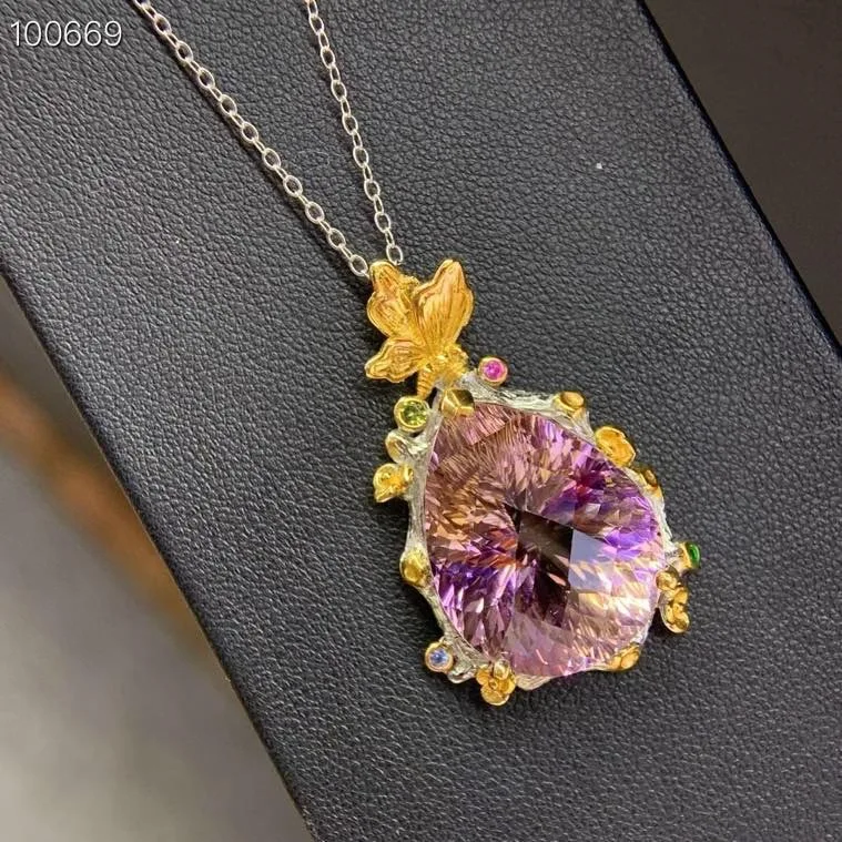 Natural Ametrine Pendant 17x22mm Pear Cut S925 Silver Two-Tone Handmade Butterfly & Floral Design