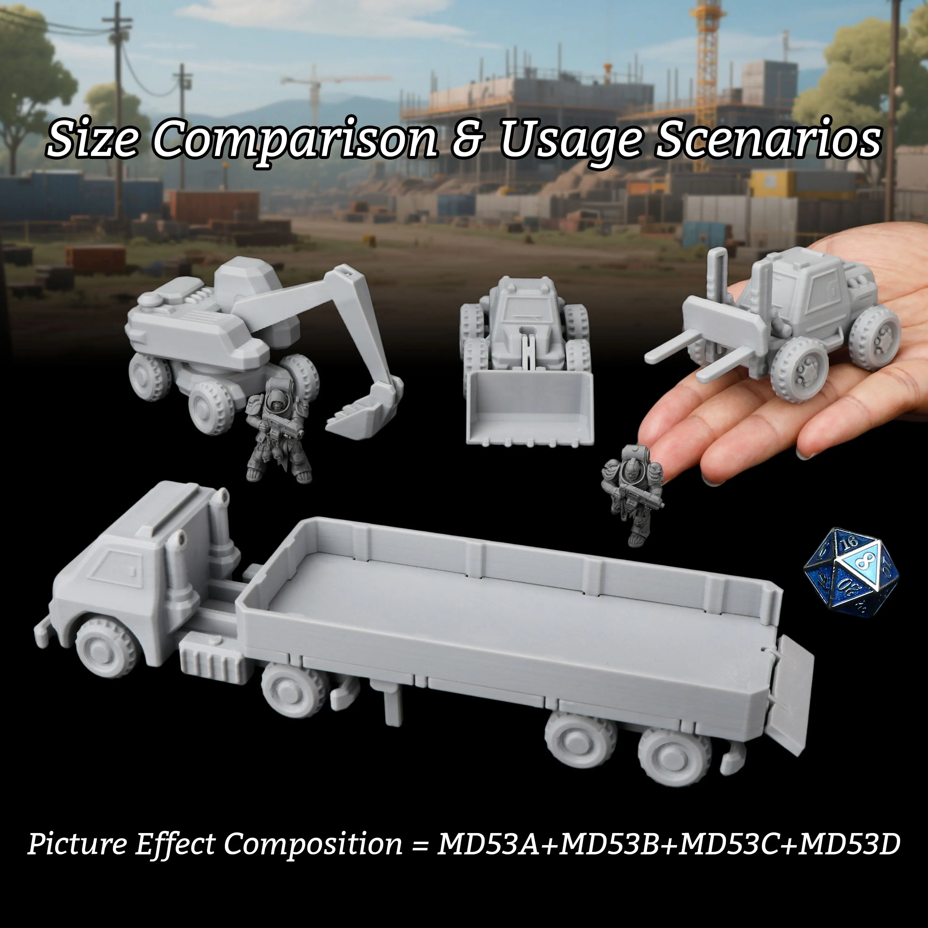 Construction Vehicle Miniatures, Excavator, Loader, Forklift and Semi-Trailer Truck for TTRPG Games, Dioramas and Display