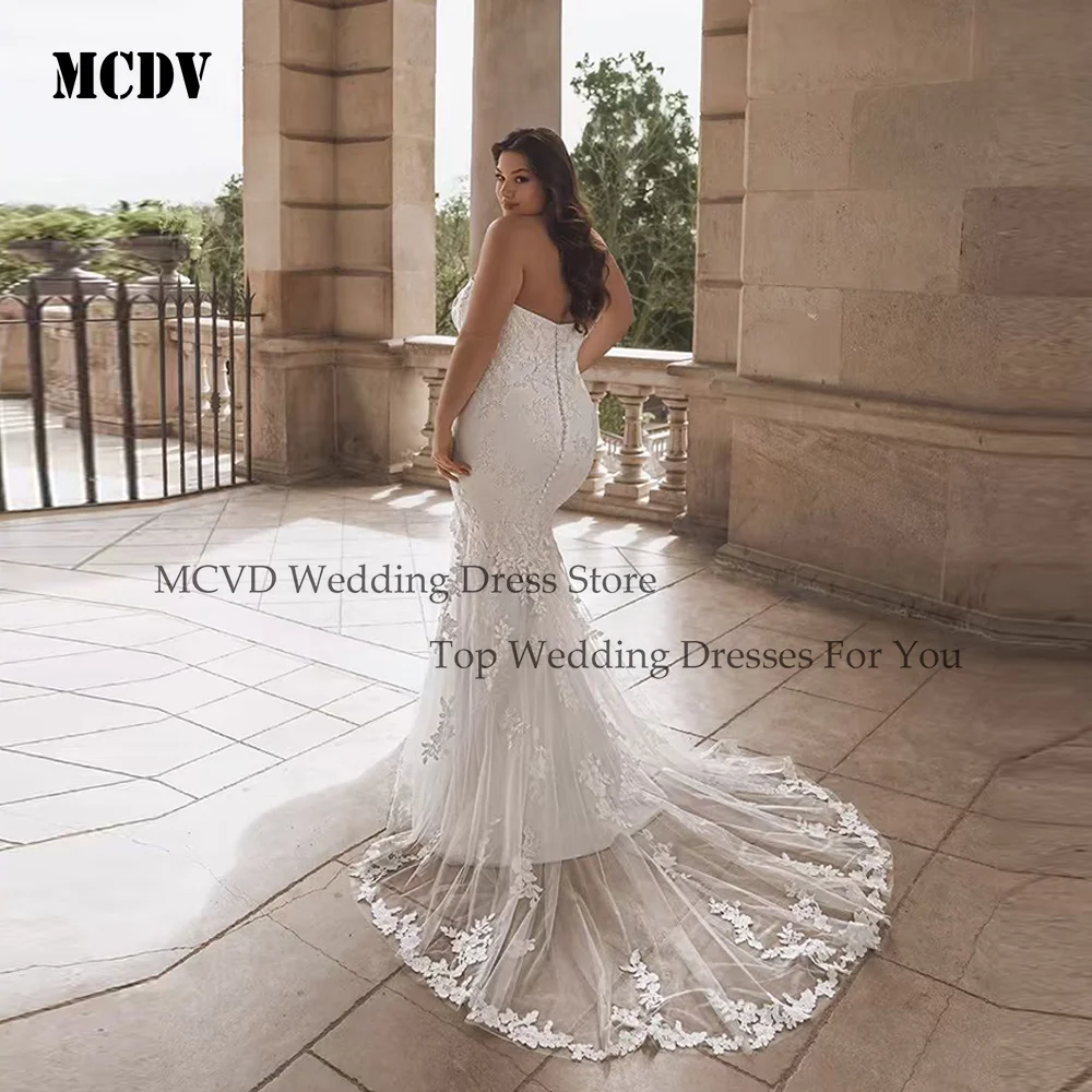 MCDV Backless Plus Size Wedding Dresses For Woman Mermaid Sleeveless Tulle Appliques Sweetheart Robe De Mariée Customized