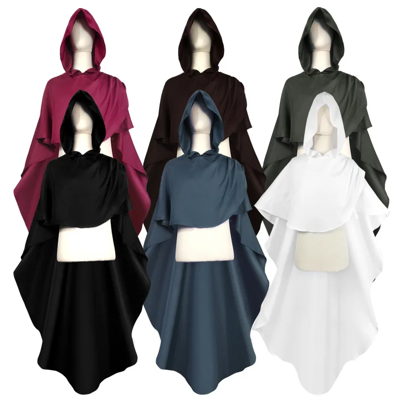 Halloween cospaly traje europeu retro medieval cavaleiro capa de comprimento médio com capuz capa unissex modelos jogar trajes