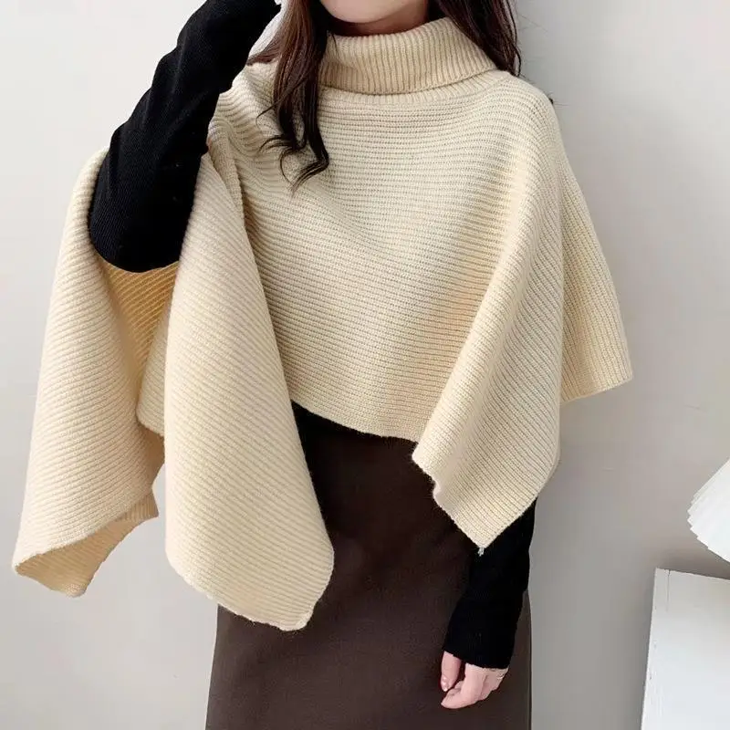 Autumn and Winter Foreign Trade Irregular Solid Color Knitted High Neck Lapel Shawl Cape Sweater Jacket