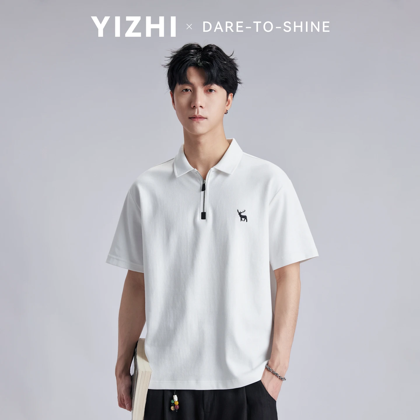 Fashion Men's Minimalist Deer Logo Embroidered Polo Shirt 2026 Summer Loose Half Zip Casual Commuter