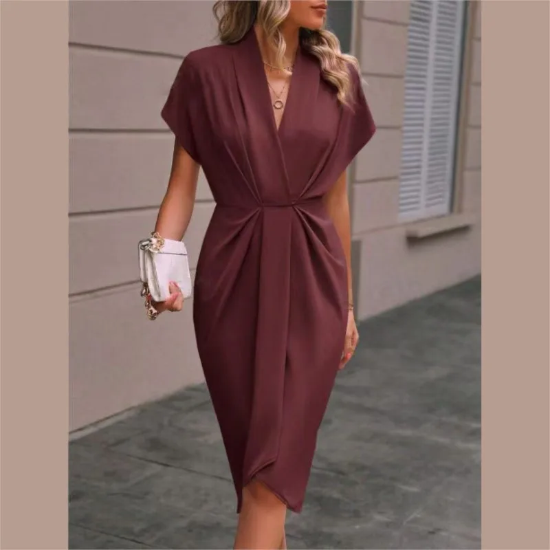 Vestido Midi elegante de manga corta para mujer, novedad de primavera y verano, vestidos largos bohemios sexis drapeados con escote en V profundo y cintura alta para fiesta de oficina