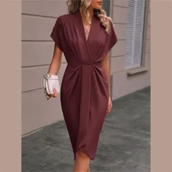 Women Elegant Short Sleeve Midi Dress New Spring Summer Sexy Deep V Neck Draped High Waist Office Party Boho Long Dresses