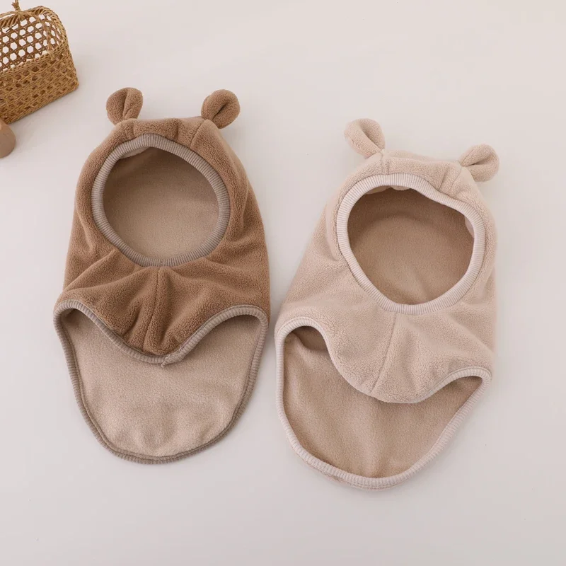 New Winter Warm Bear Ear Children Scarf Hat Boys Girls One-Piece Hat Outdoor Windproof Hood Beanies Cap Plush Balaclava Hat