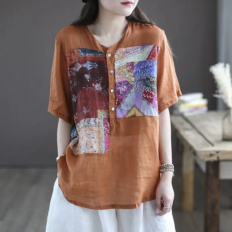 

Cotton Casual Blouse Classic Vintage All-match Elegant Fashion Patchwork Breathable V-neck Printing Pullovers Loose Korean Top