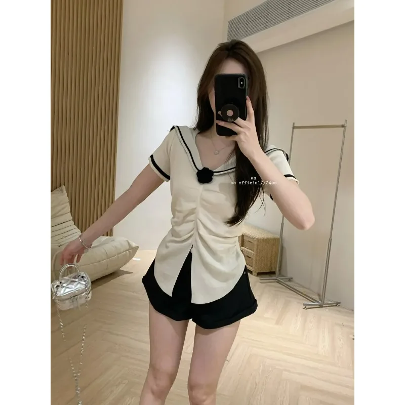 

Women's Navy Collar Pleated Split Knit Top Casual Short Sleeve Sweater
