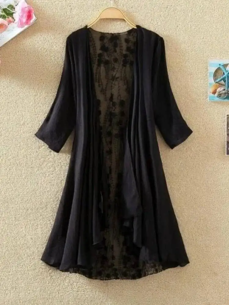 Giacca da donna in pizzo estiva elegante mezza manica ricamo floreale cappotti in pizzo sottile capispalla cardigan bianco da donna