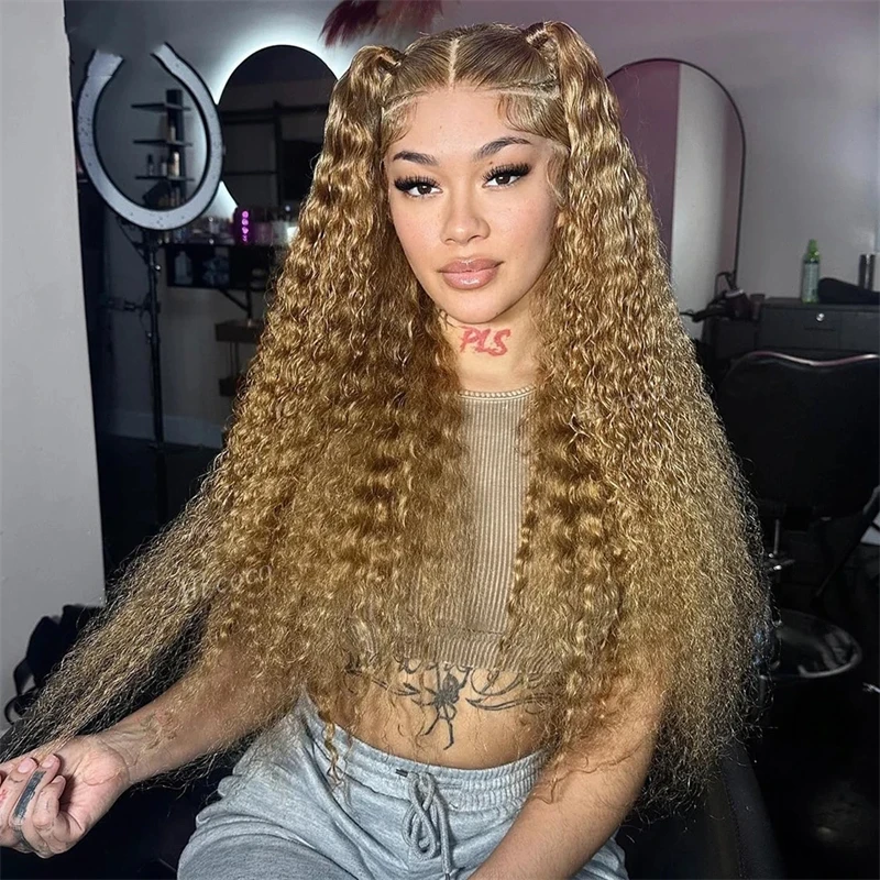 Perruque Lace Front Wig Deep Wave Naturelle Bouclée, Cheveux Humains, Couleur Blond Miel HD, 13x4, pour Femme