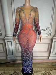 Sparkly Colorful Rhinestones Crystals Long Dress Women Sexy Stage Mesh Transparent Birthday Celebrate Evening Prom Gown Dress