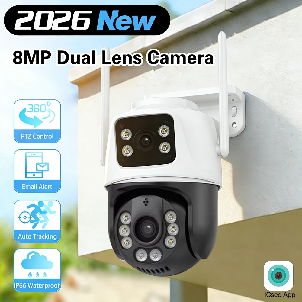 

4K 8MP HD IP-камера с ночным видением, Wi-Fi, PTZ, для улицы, с двумя экранами и двумя объективами, IP-камера для защиты и безопасности, iCSee, автоматическое отслеживание
