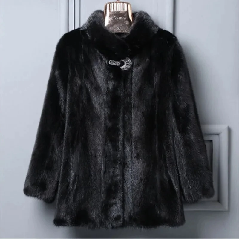 

Women's Mink Coat 2025 Winter New fashion Faux Fur Coat Black Stand collar fur Jacket Female loose Warm Thick Parka Overcoat 9XL