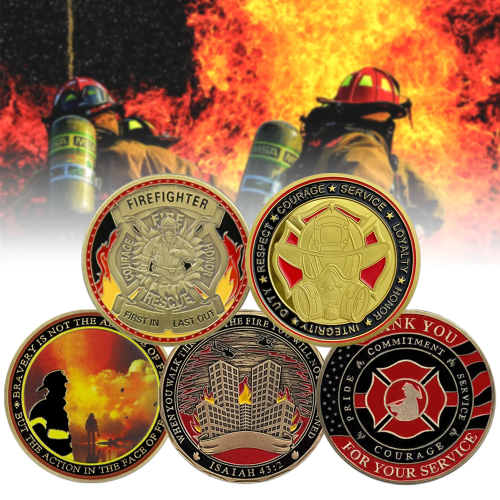 

Firefighter Souvenir Coins Set 5 pcs Prayer Lucky Challenge Coin Fire Rescue Honor Badge Fireman Gift Original Collectible coin