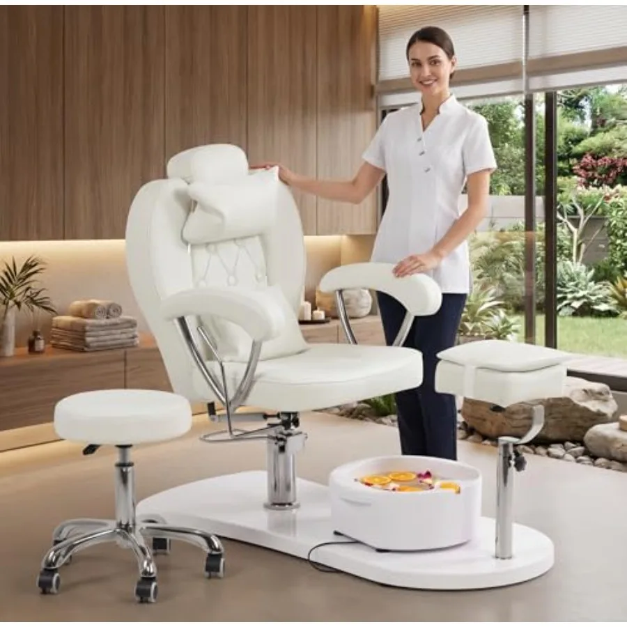 

Pedicure Chair No Plumbing with Foot Bath and Stool, 360°Swivel Hydraulic Reclining Pedicure Station with Footrest and Ergonomi