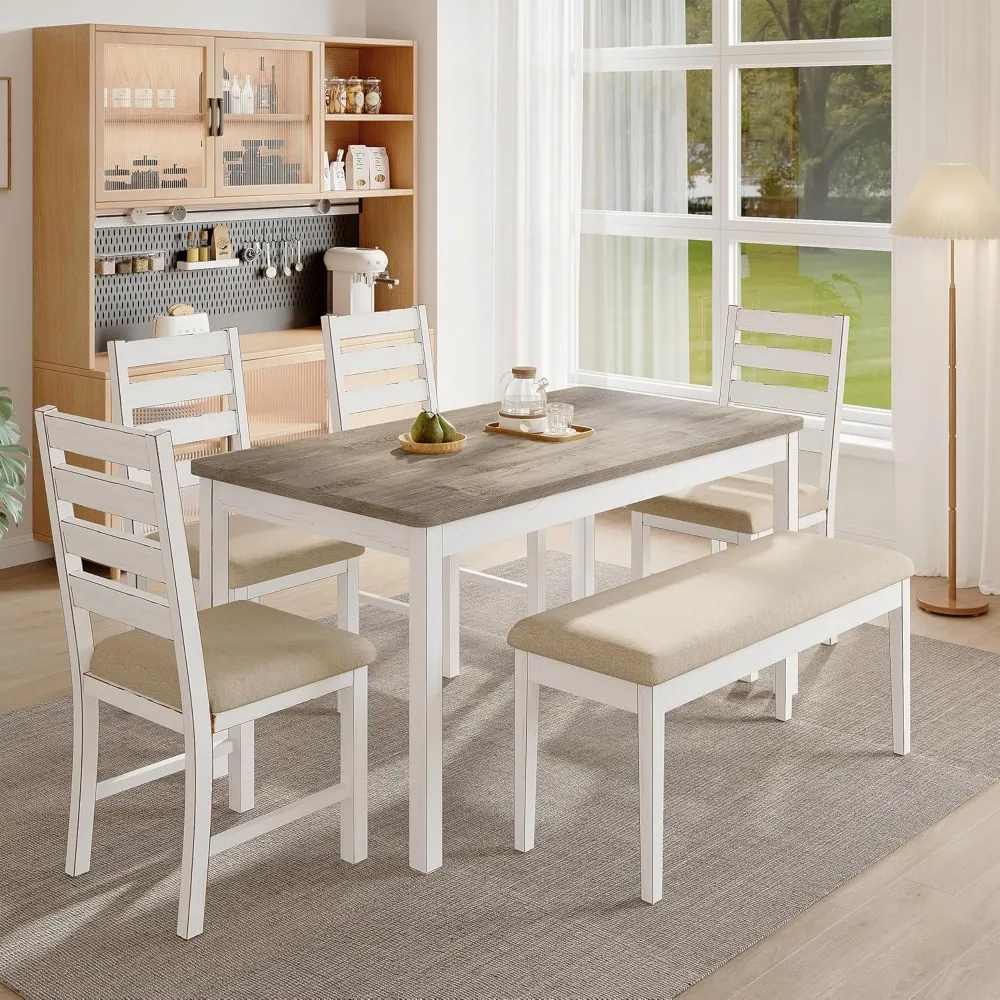 

59" Dining Table Set Farmhouse Rectangular White Kitchen Room Table & Chairs Set Solid Wood Stable Space Saving Easy Clean (1 Be