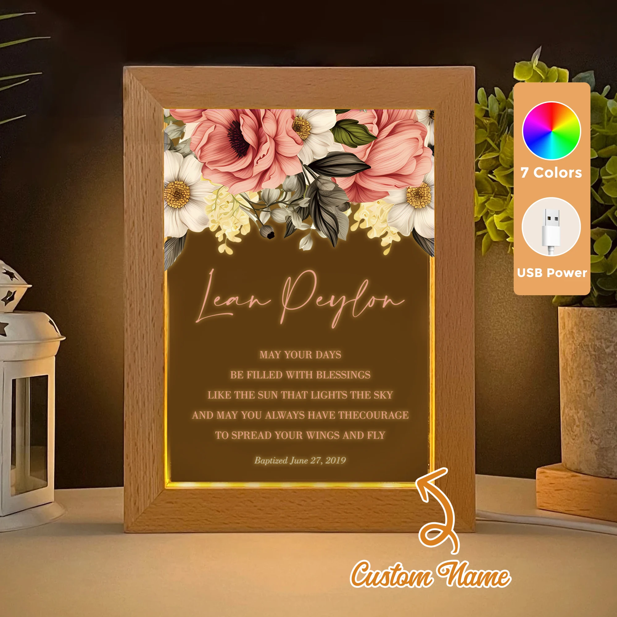 

2D Flat Custom Name Bible Christian Believer LED Acrylic Night Light Wood Photo Frame 21x17cm Family Bedroom Gifts Home Decor