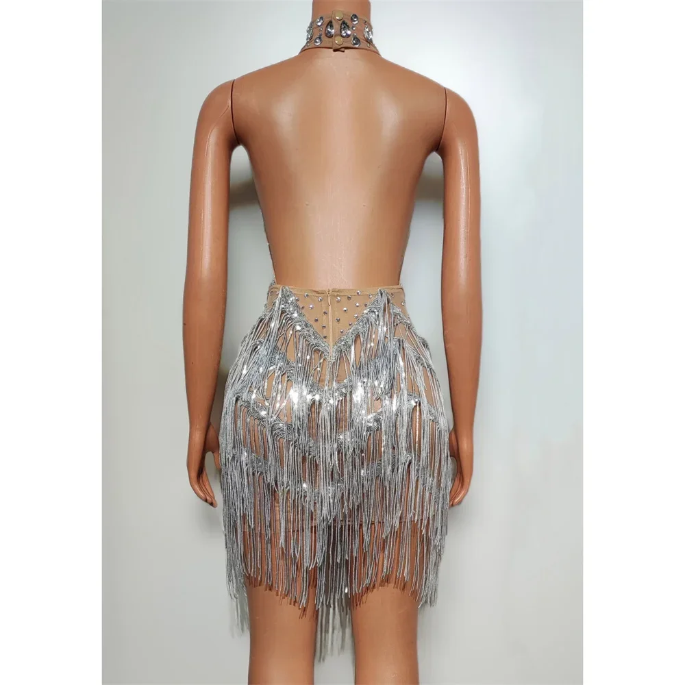 Women Sexy Short Dress Sparkly Silver Sequins Tassel Crystal Backless Halter Birthday Prom Party Fringe Dress Singer DS Costume