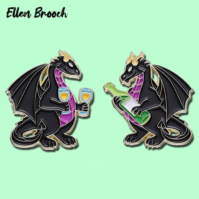 Black Dragon Enamel Pins Dragon Drinking Wine Brooch Lapel Badges Jewelry Gift for Friends