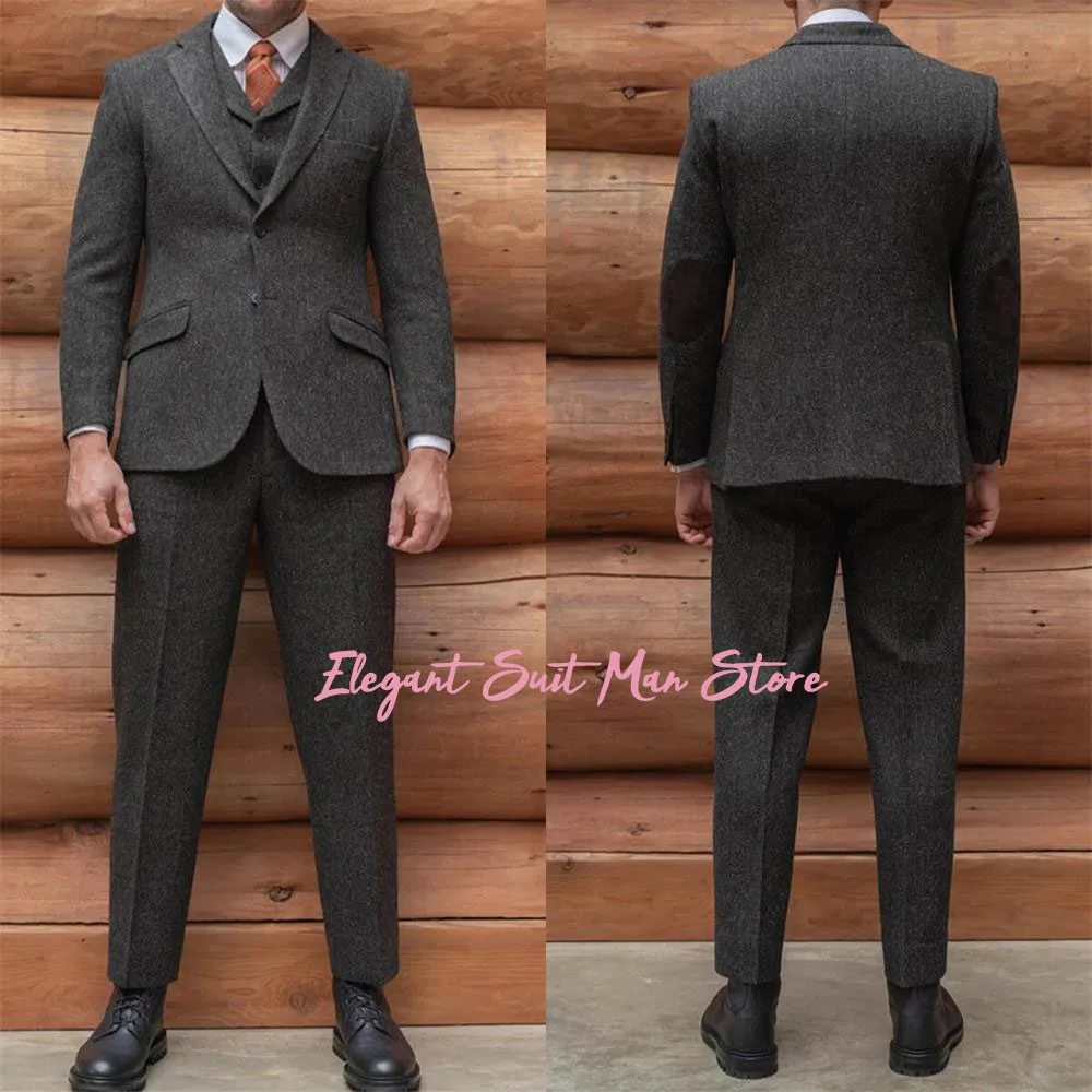 

Black Gray Herringbone Suits for Men Business Formal Single Breasted Outfits 2 Pieces (Jacket+ Pants) Men's plus size suit set