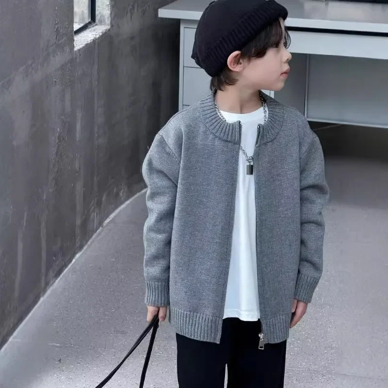 2024 Autumn New Kids solid color single-breasted sweater Boys soft loose O-Neck knit Cardigan Coat