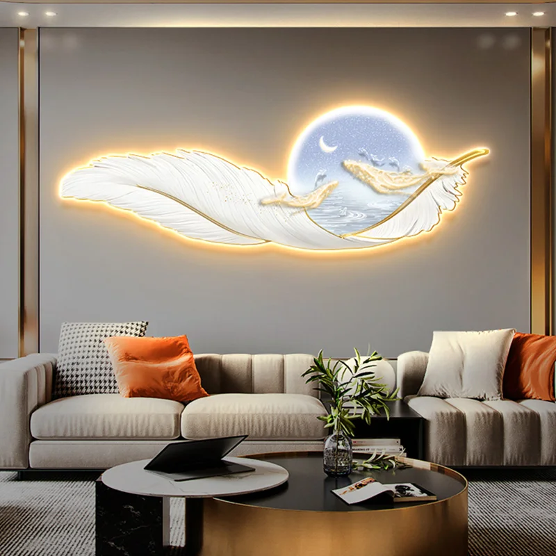 

High grade luxury irregular shape lighting painting home decoration sofa background feather wall art with led lights