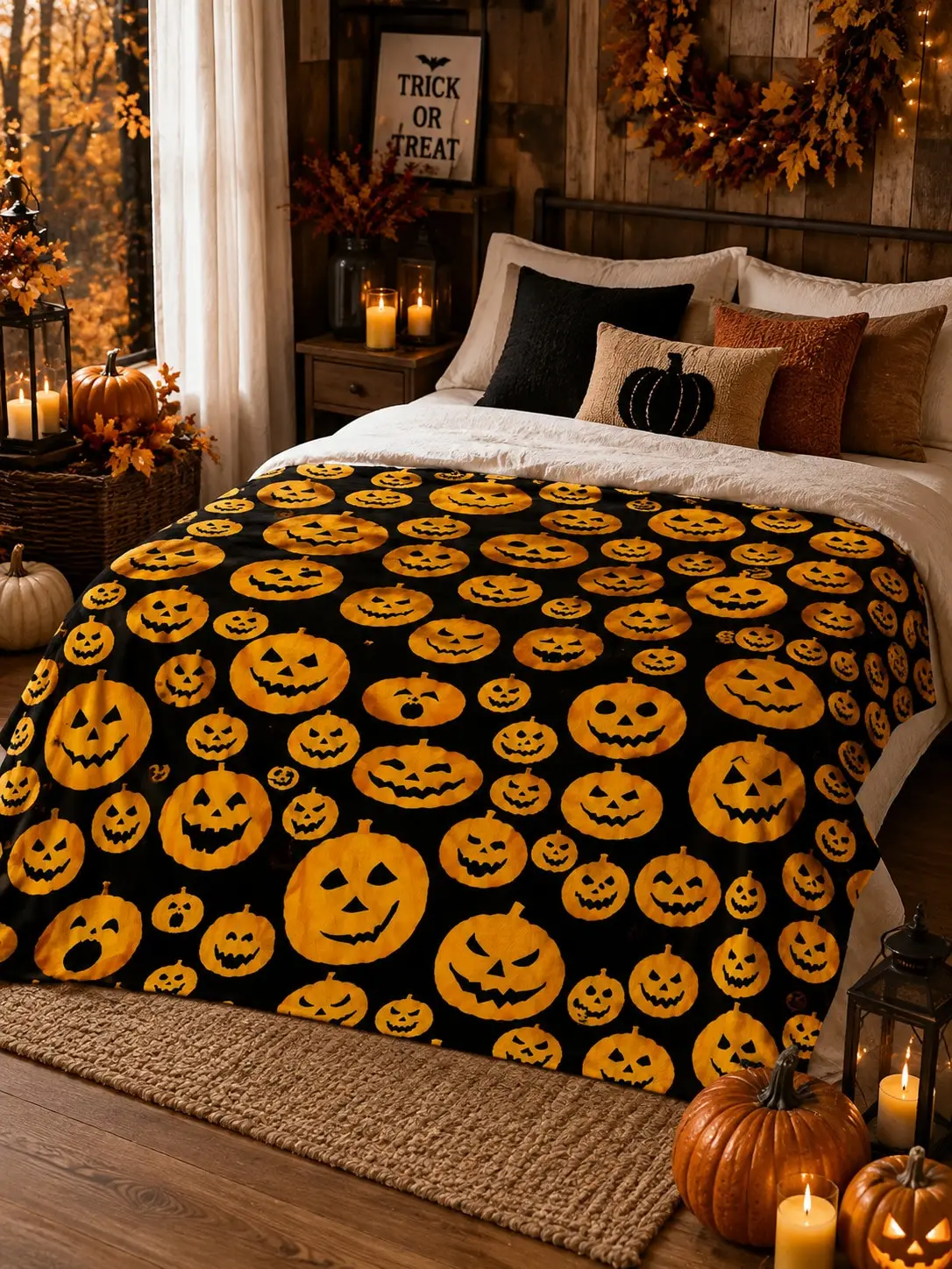 Halloween Flannel Blankets & Throws Jack O Lantern Face Pumpkin Sofa Couch Bed Nap Bedroom Living Room Office Travel Camping Home Decor Gift for Mom Dad Wife Husband Sister Brother Grandma Grandpa Family Friends Christmas Anniversary Reading