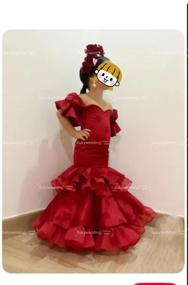 

Red Flower Girl Prom Dresses Flamenca Formal Dance Dresses Fairy Long Sleeves Mesh Evening Dress Customized