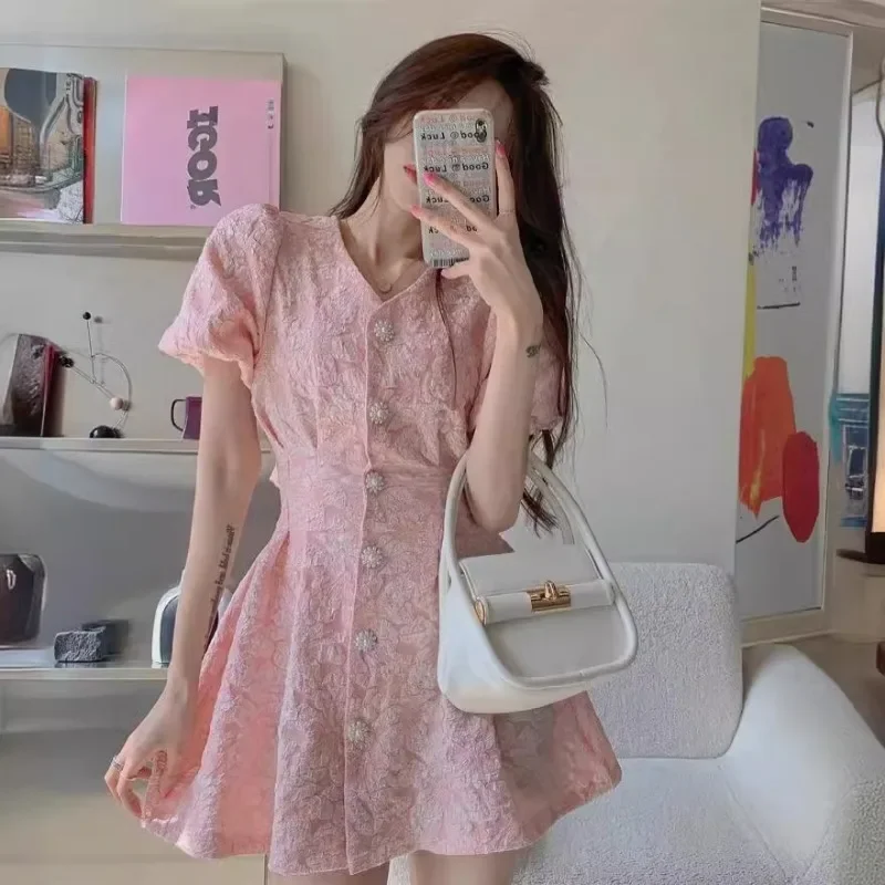 ฤดูใบไม้ผลิฤดูร้อนดอกไม้สีขาวสดชุดสั้นสําหรับผู้หญิง Elegant พัฟฝรั่งเศสแขน Single-breasted ชุดเดรสมินิ Vestidos