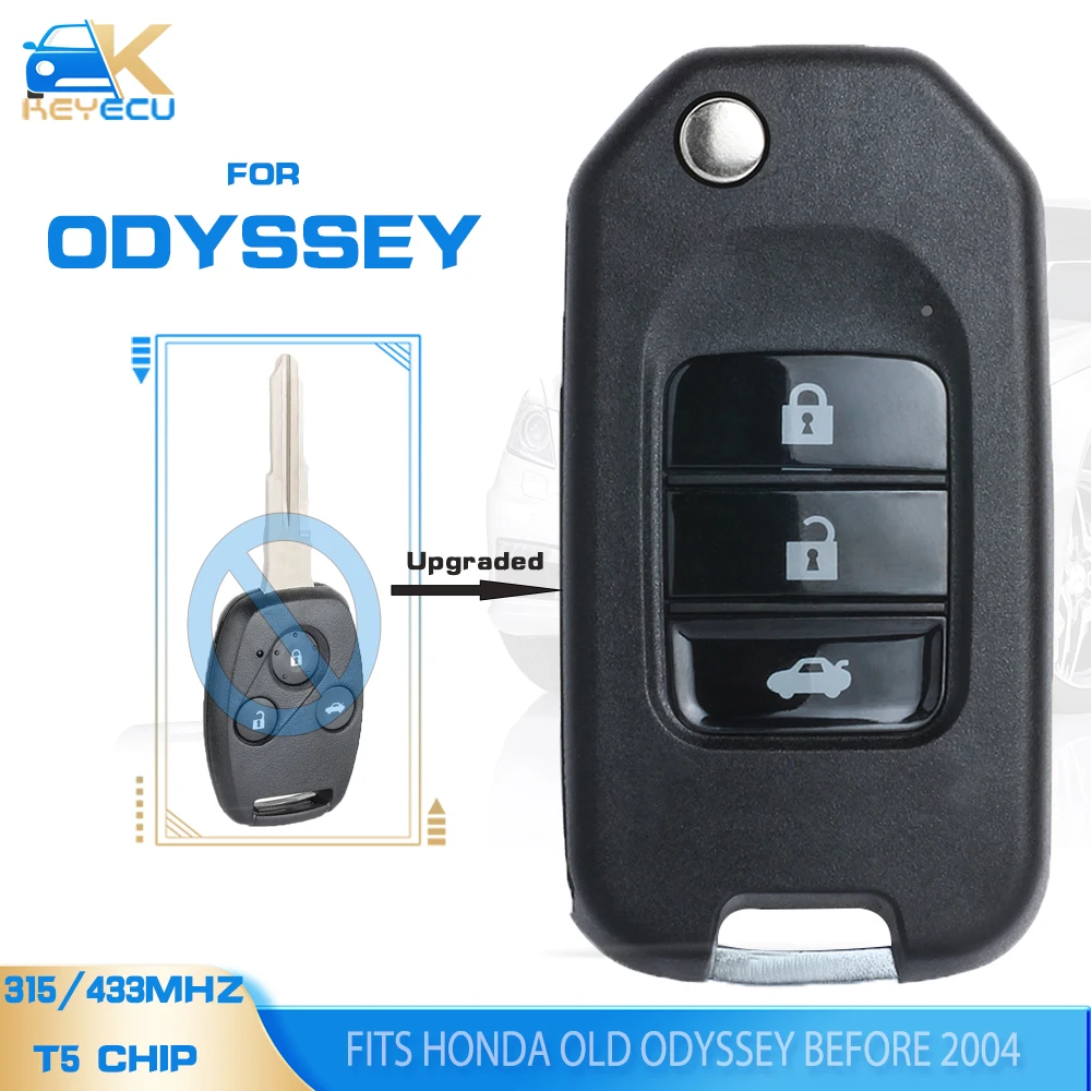 

KEYECU Upgraded Flip Remote Car Key Fob 315MHz/433MHz Optional T5 Chip 3 Button for Honda Old Odyssey Before 2004