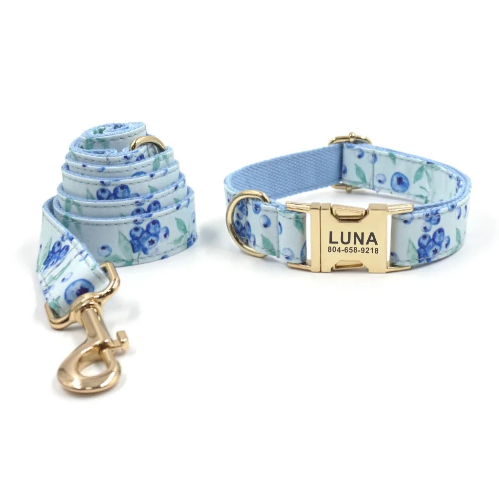 Collar personalizado para perro, accesorio para mascota con placa de identificación grabada, correa para cachorro de arándano Natural