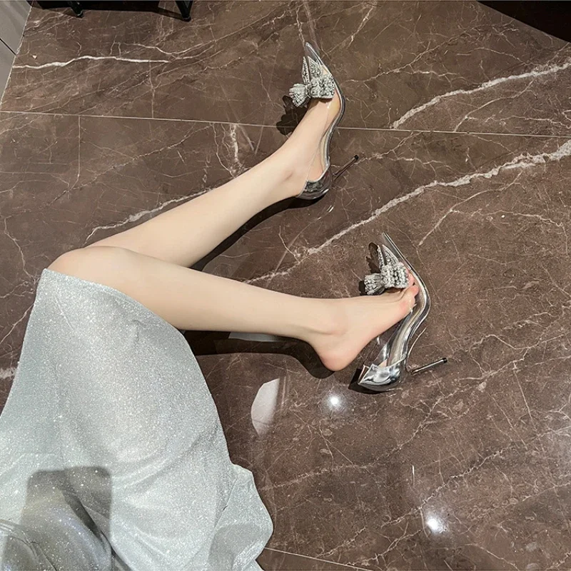 Women\'s Bow-Knot & Rhinestone Decor High Heels, Pointed Toe & Stiletto Heel, Fashionable Silver Pumps