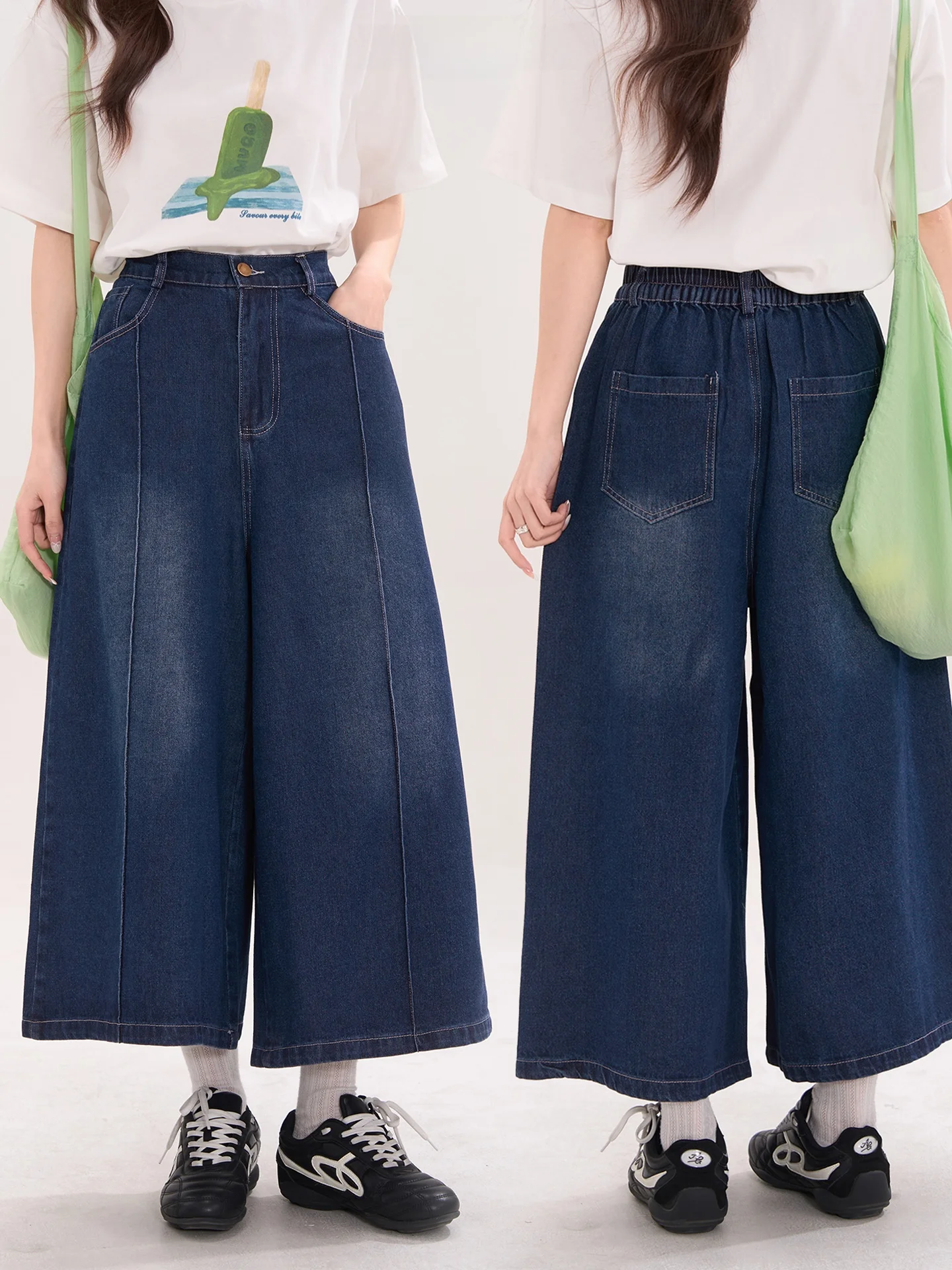 

Loose Fit Deep Blue Denim Jeans Women's Spring Summer Wide Leg Pants Relaxed Sle Eighteen Inches l Waist ket Detail