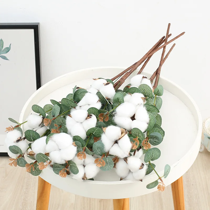 

Simulated Eucalyptu Leaf Vase Flower Arrangement with 4 Cotton Dried Flowers Artificial Eucalyptus Money Leaf Wedding Decoration