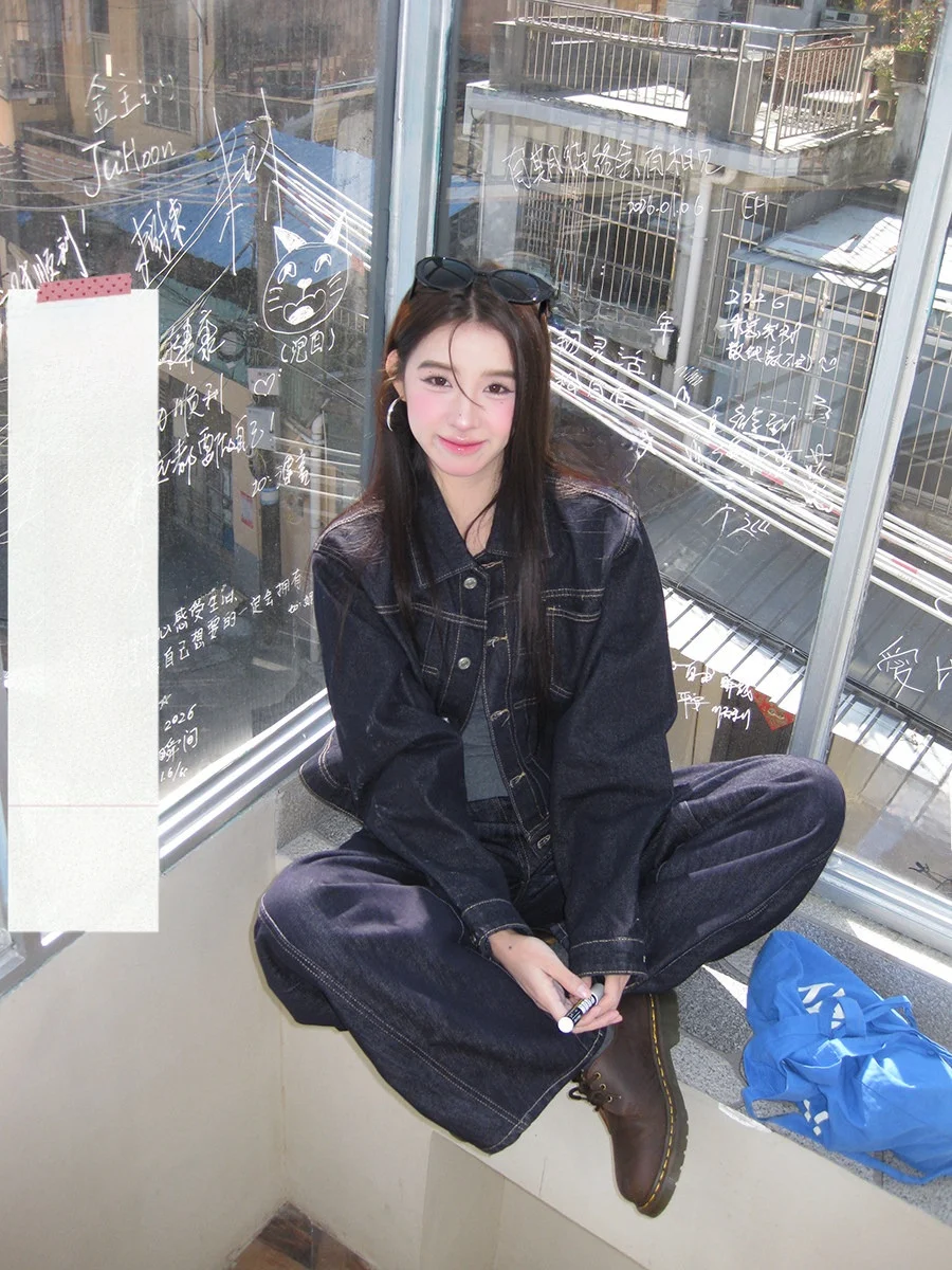 

Sinbounboun Vintage Blue ort Denim Jaet High Waist Jeans Women's Faion Set Stitched Lines Casual Spring Autumn Wear