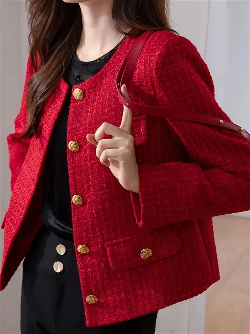 Blazer curto de Tweed vermelho feminino, casaco pequeno, casacos elegantes, moda coreana, tops femininos, primavera e outono, novo, fragrância, 2021