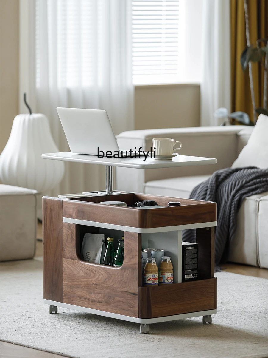 Solid Wood Lifting Coffee Table Movable Trolley Bus Side Table Small Apartment Black Walnut Household Rotating Bedside Cabinet